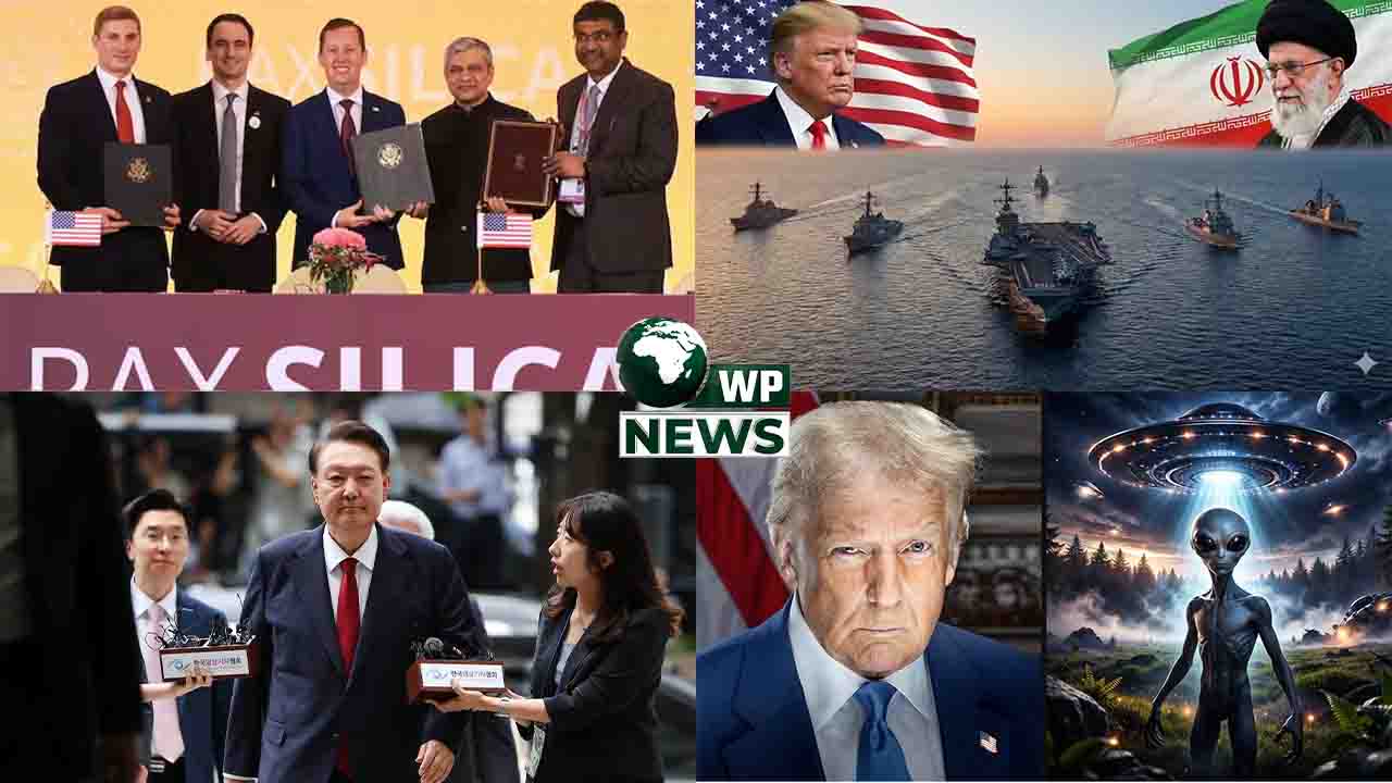 A collage representing international news including British Royal Family, UFO disclosure, and India-US semiconductor alliance.