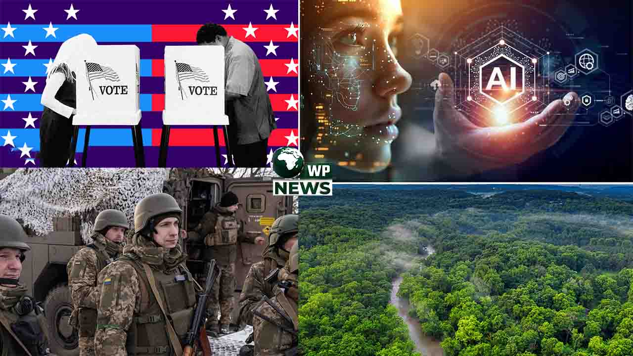 ৰাছিয়া-ইউক্ৰেইন যুদ্ধ, আমেৰিকাৰ নিৰ্বাচন আৰু AI সন্মিলনৰ কোলাজ।