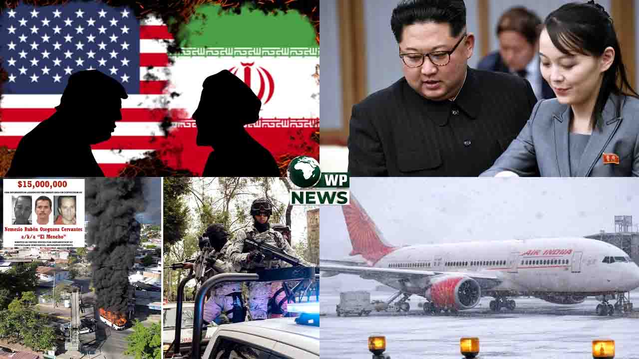 Collage of international news including Mexico drug cartel and US Iran tension