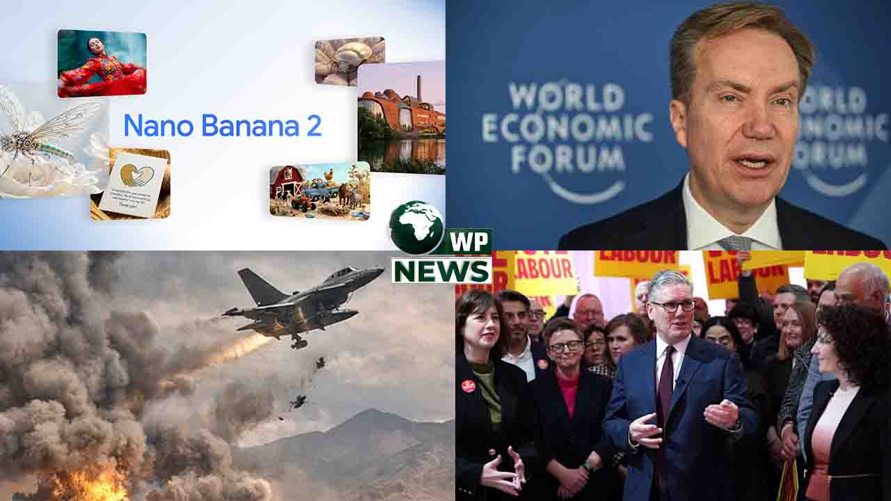 A collage showing international news highlights including Pakistan-Afghanistan conflict, WEF logo, and Google AI Nano Banana 2.